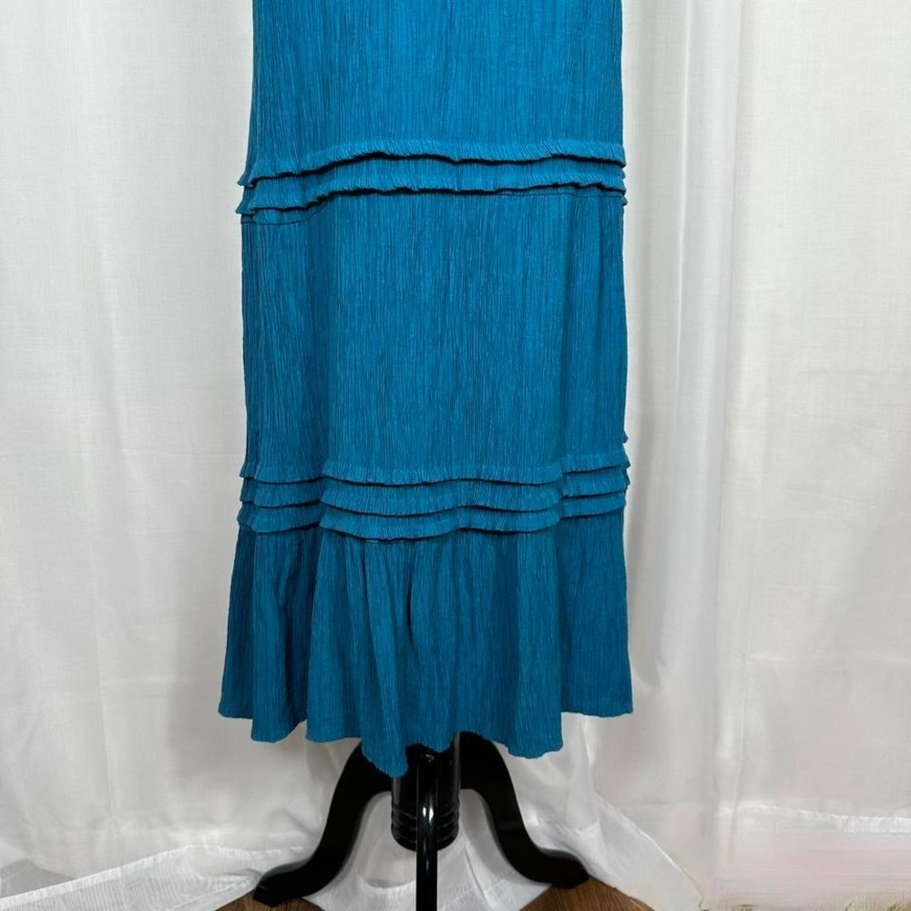 Max Ash Womens Tiered Midi Dress Medium Teal Regency Milkmaid Cottage Crinkled - Picture 3 of 7